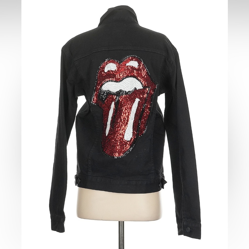 Black Denim Jacket with Red Sequin Tongue Patch